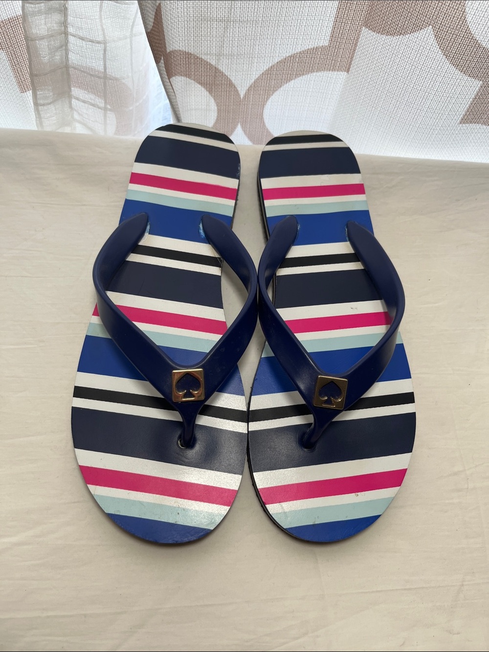 Striped Navy Flip Flops with Pink & White Accents